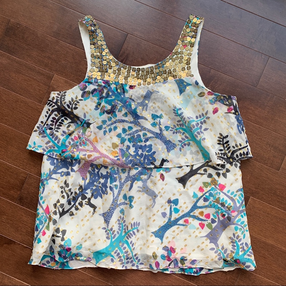 Vintage Tibi 100% Silk Tiered Flowy Boho Top with Brass Circle Sequin Neck US 4
